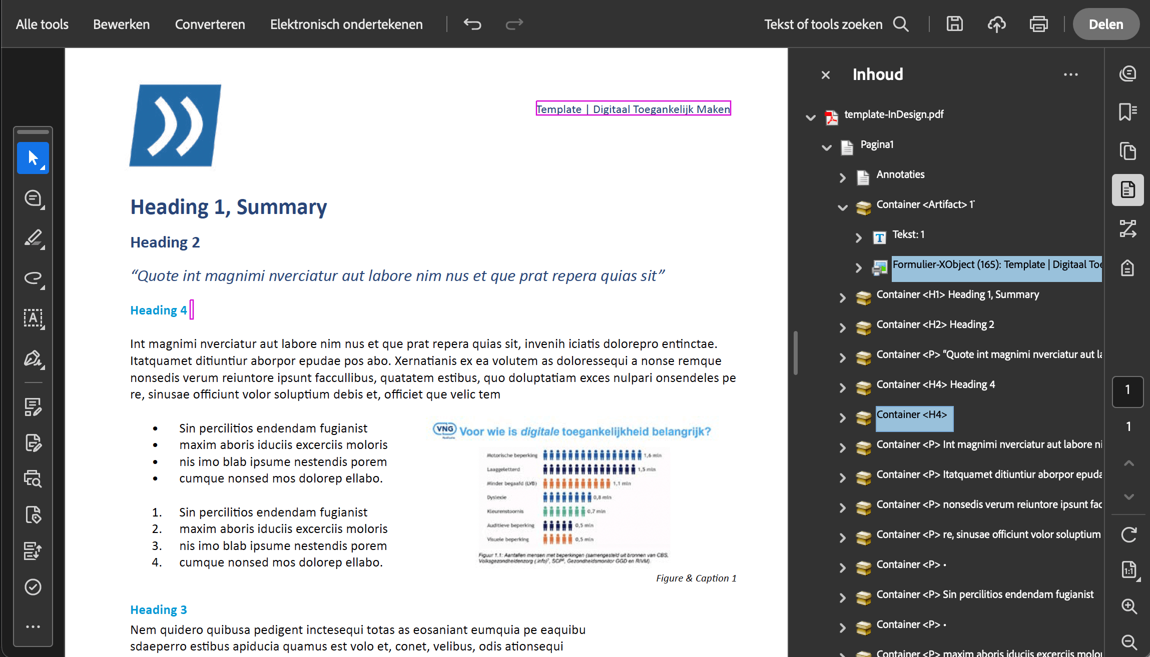 Schermafbeelding van het deelvenster Inhoud in de Toegankelijkheidstool van Acrobat Pro, waarin lege containers vanuit InDesign worden verwijderd en de containers op logische leesvolgorde worden gesleept.