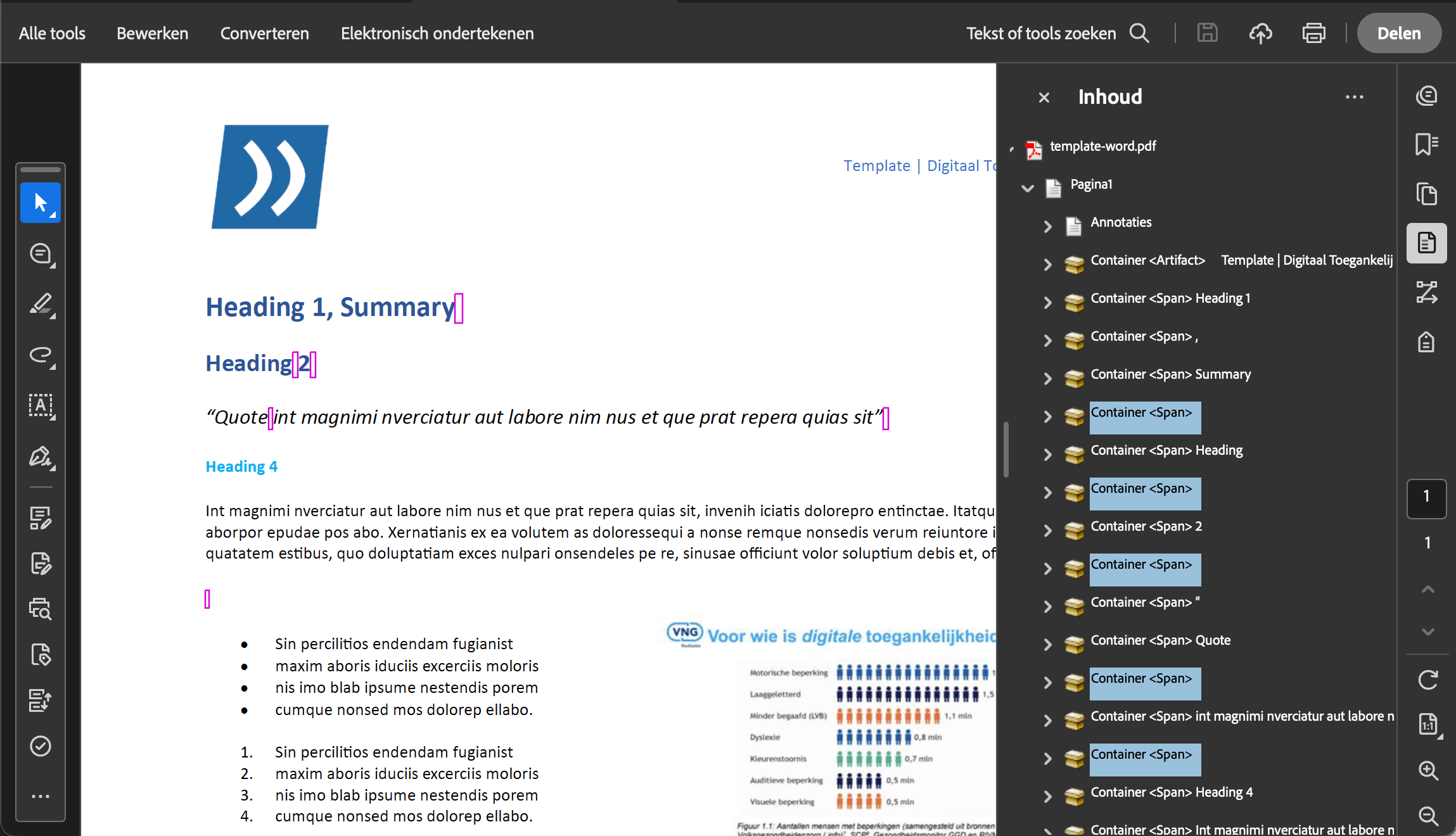 Schermafbeelding van het deelvenster Inhoud in de Toegankelijkheidstool van Acrobat Pro, waarin lege containers vanuit Word worden verwijderd en de containers op logische leesvolgorde worden gesleept.