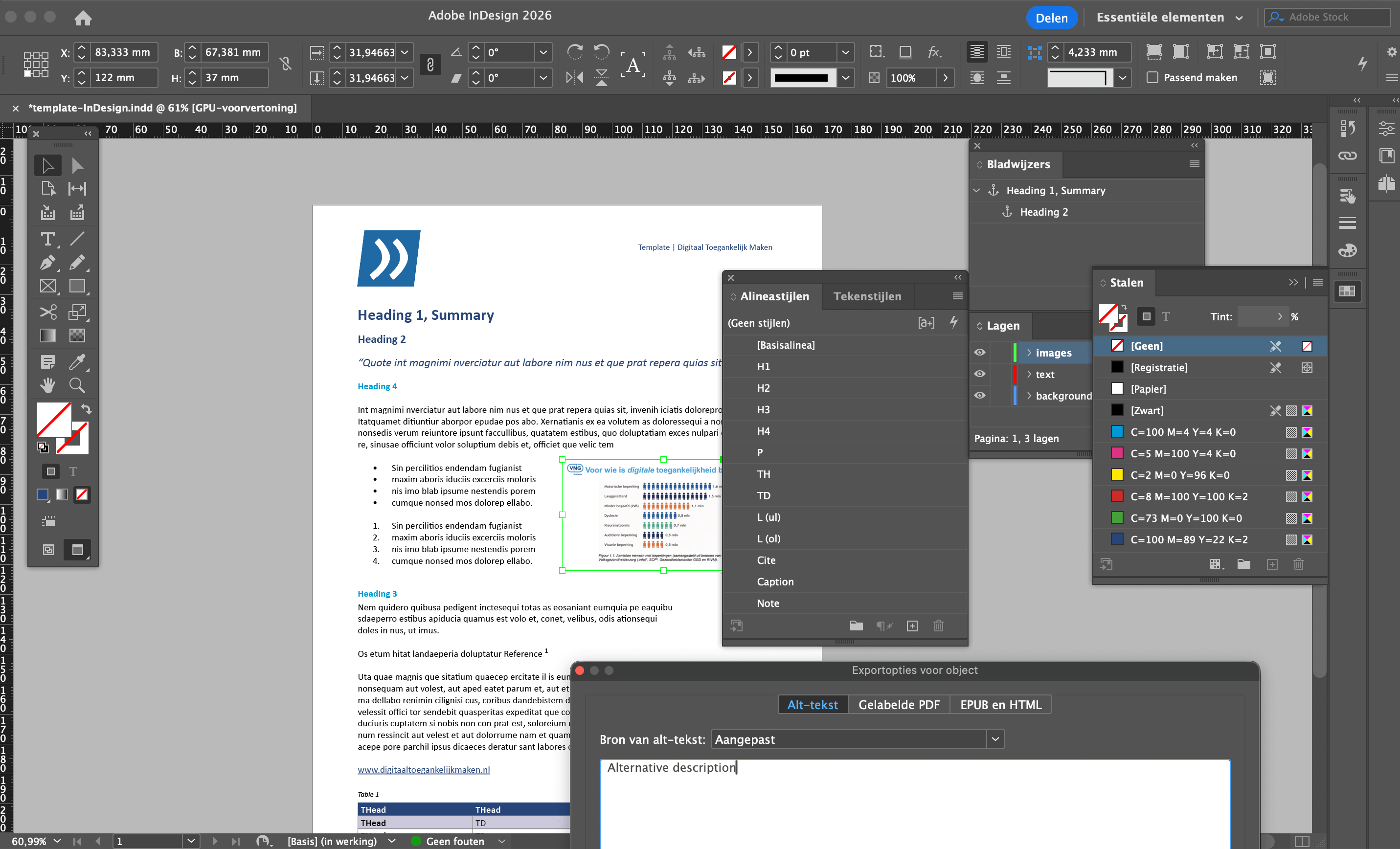Schermafbeelding van de interface van InDesign met het venster Tekenstijlen, Exportlabels voor Object, Bladwijzers en Kleurstalen