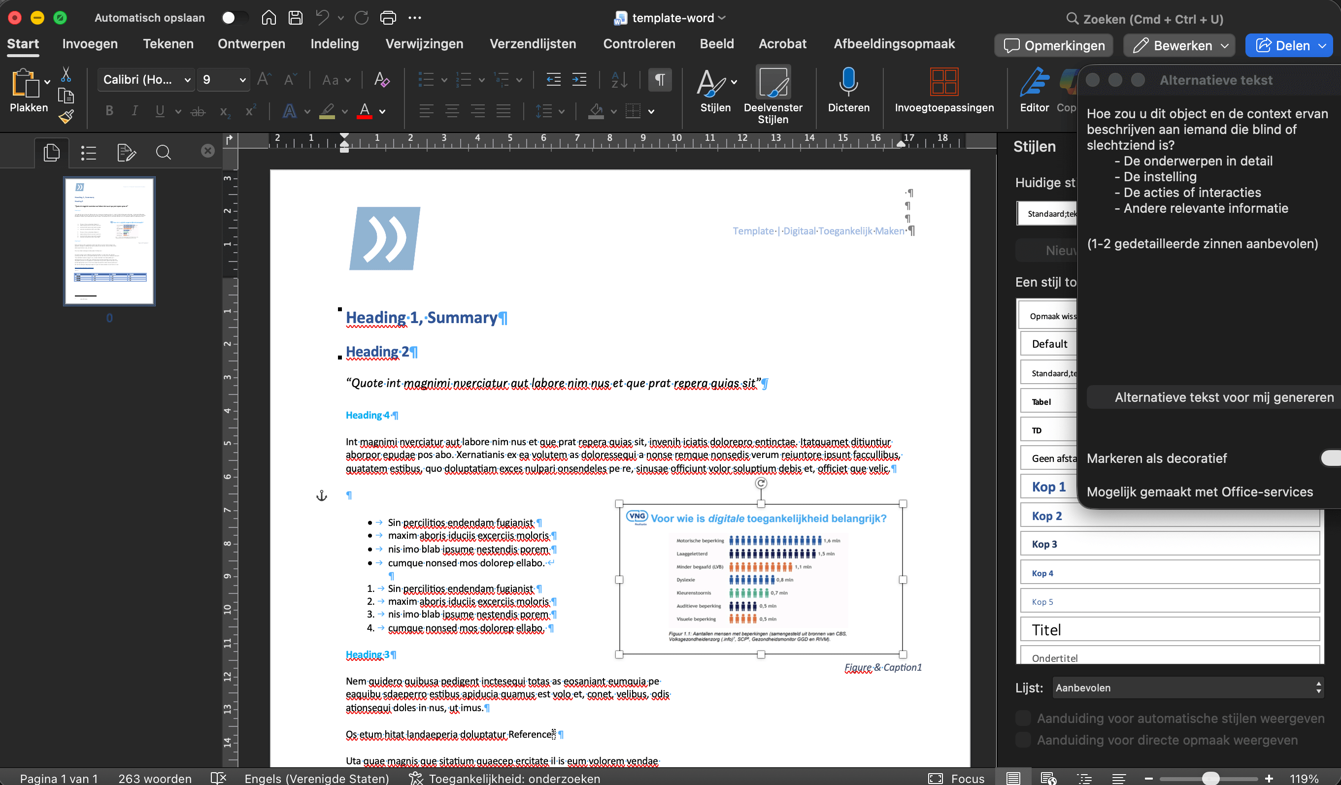 Schermafbeelding van de interface van Word met het venster Teksstijlen, Alternatieve tekst, Pagina's en het lint
