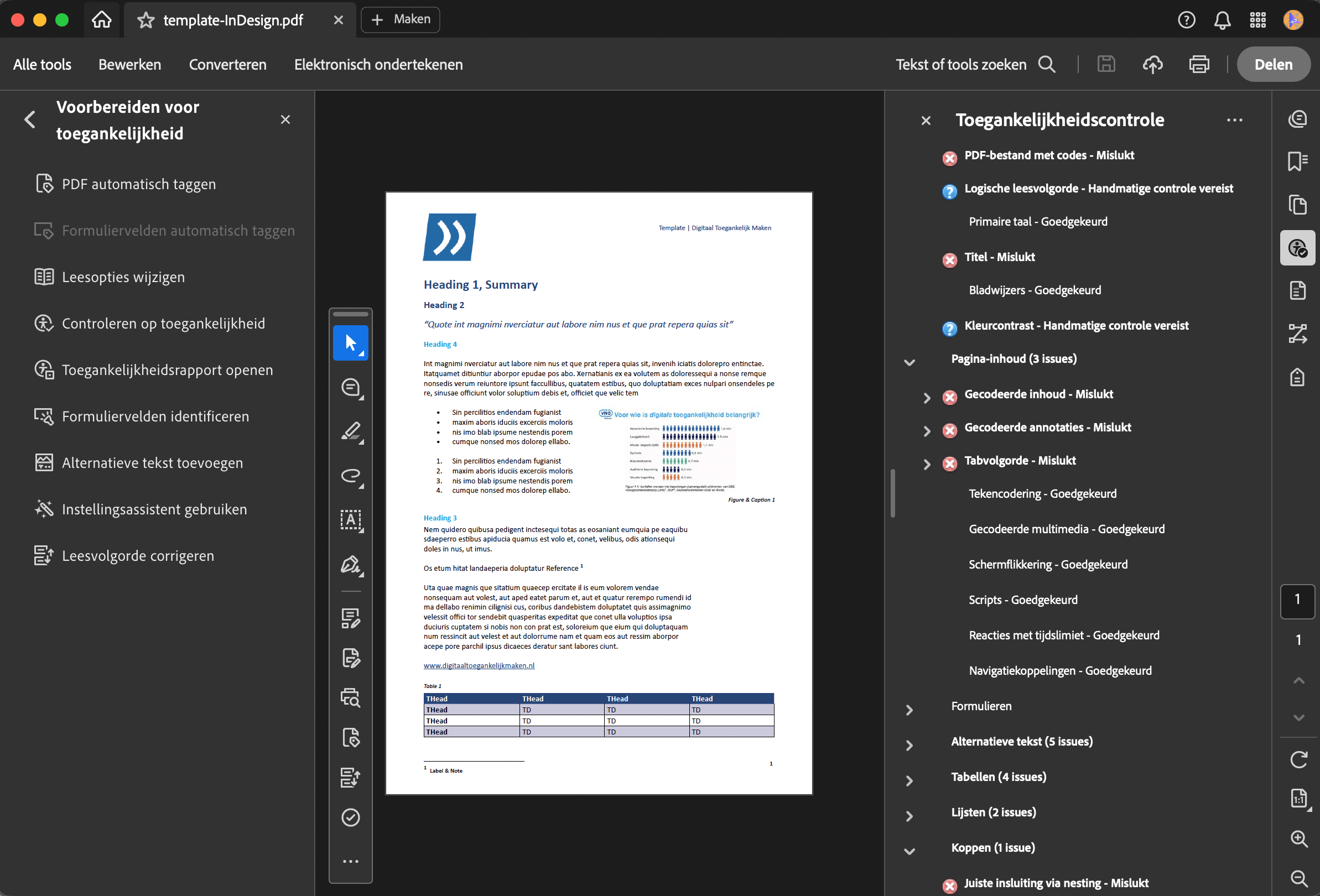 Schermafbeelding van de Toegankelijkheidscontrole in Acrobat Pro, met daarin veel toegankelijkheidsfouten die je met de juiste werkwijze in Word of InDesign voorkomt.