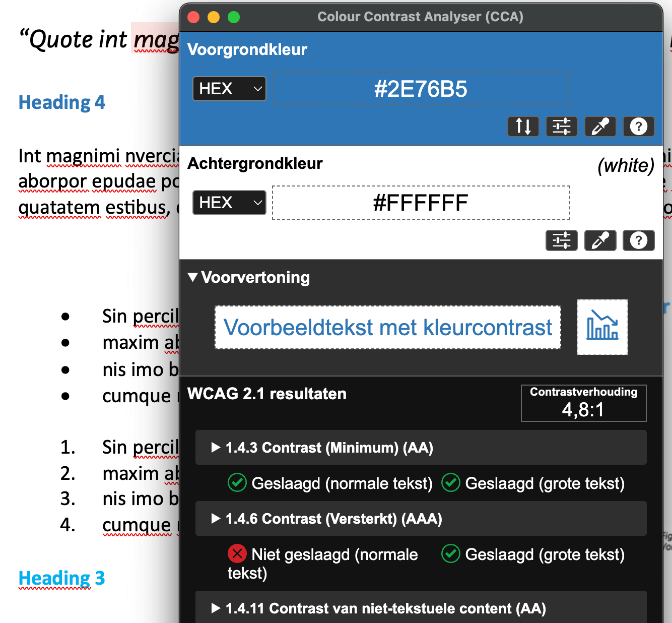 Schermafbeelding van de Colour Contrast Analyser (CCA) waarin donkerblauwe kleur wordt gemeten tegen een witte achtergrond. Deze kleur voldoet aan het minimale AA kleurcontrast van 4.5:1 (WCAG)