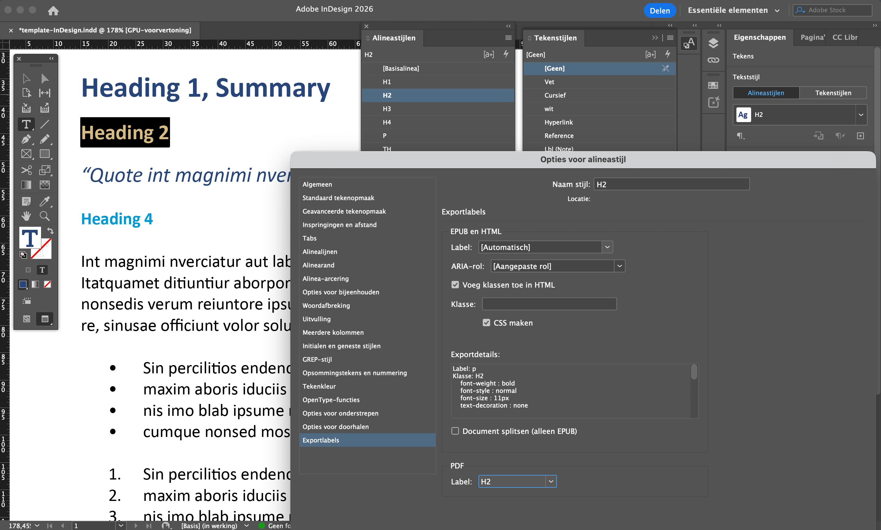 Schermafbeelding van het venster Tekenstijlen met de Alineastijl-opties in InDesign