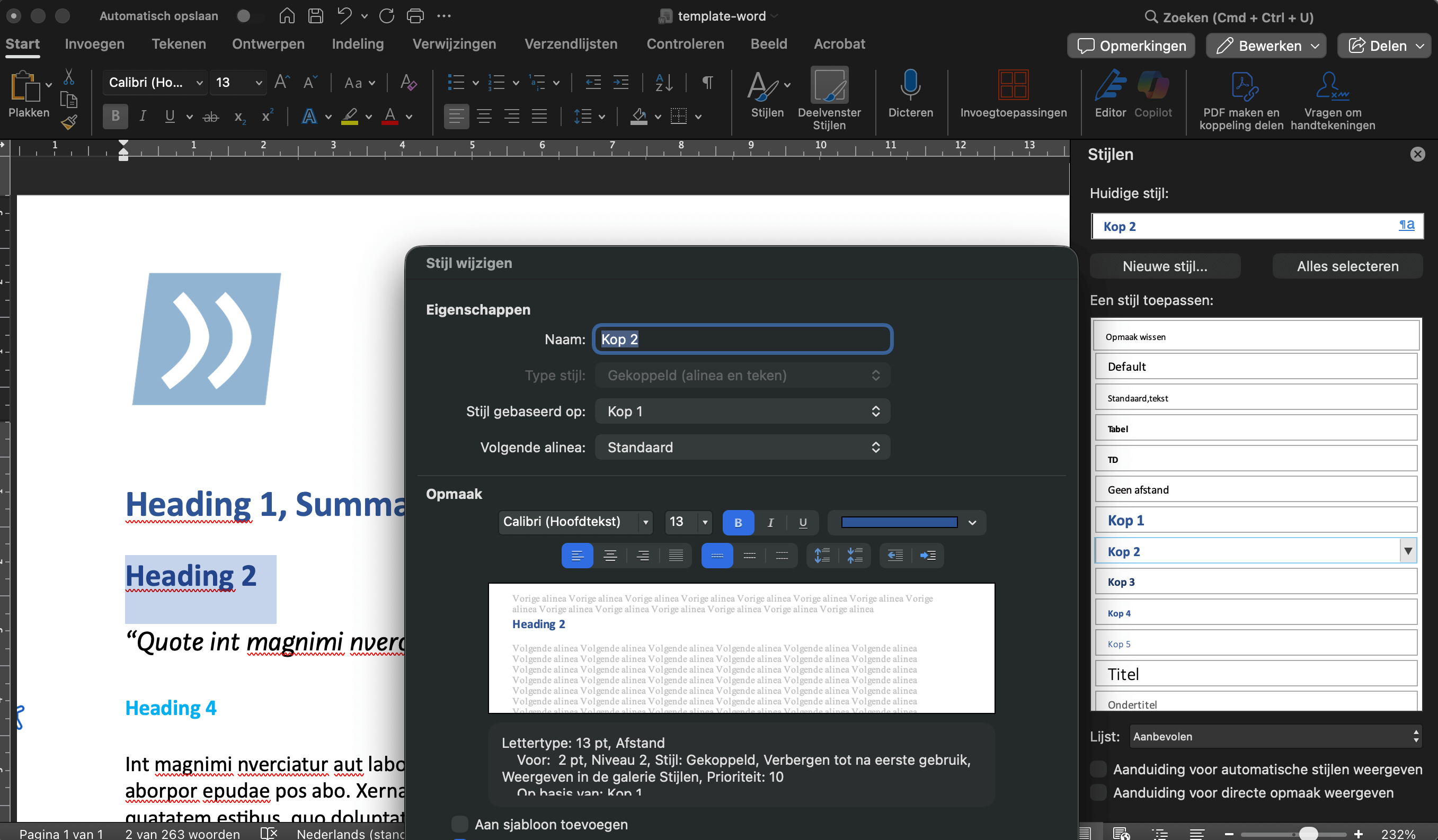 Schermafbeelding van het venster Tekststijlen met de Stijl-opties in Word