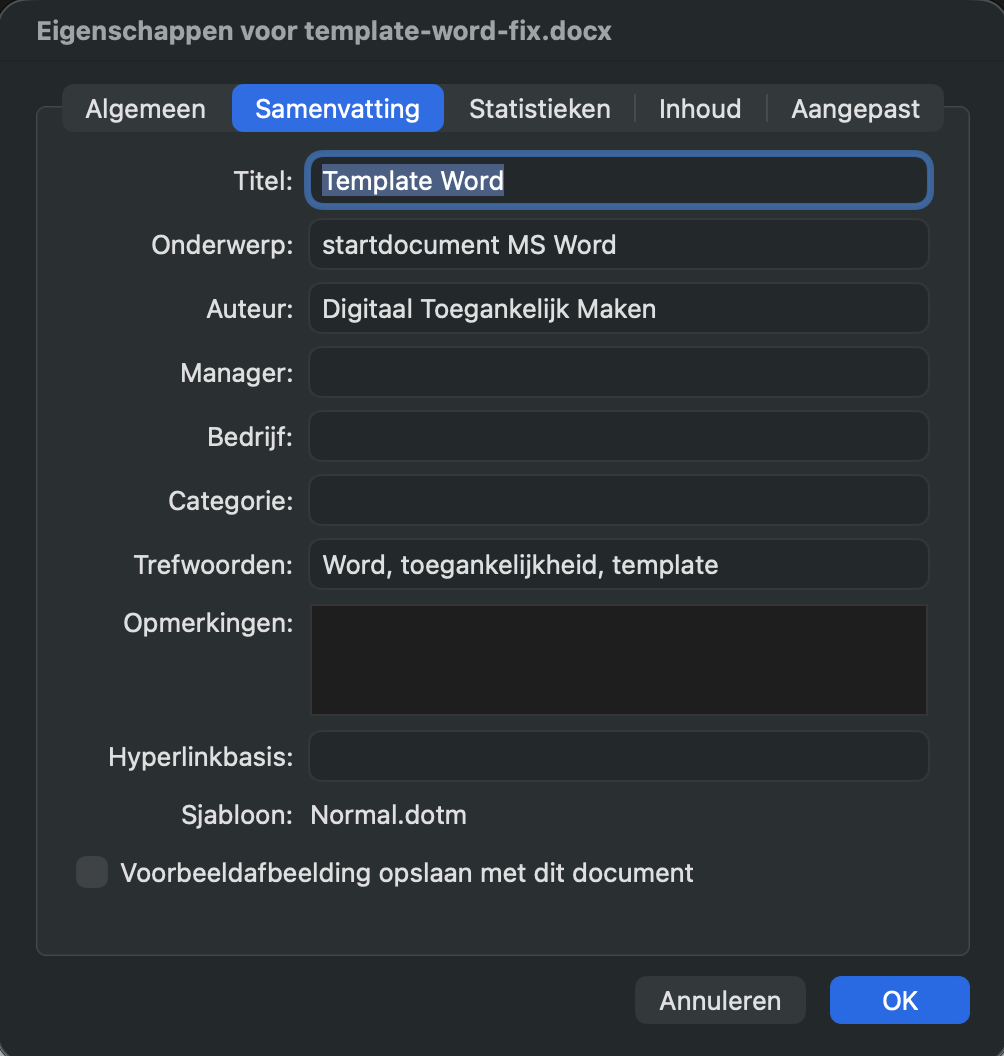 Schermafbeelding van het venster voor invoeren van Document-titel en Auteur (metadata) in Word. Trefwoorden zijn optioneel, maar zijn handig voor de vindbaarheid.