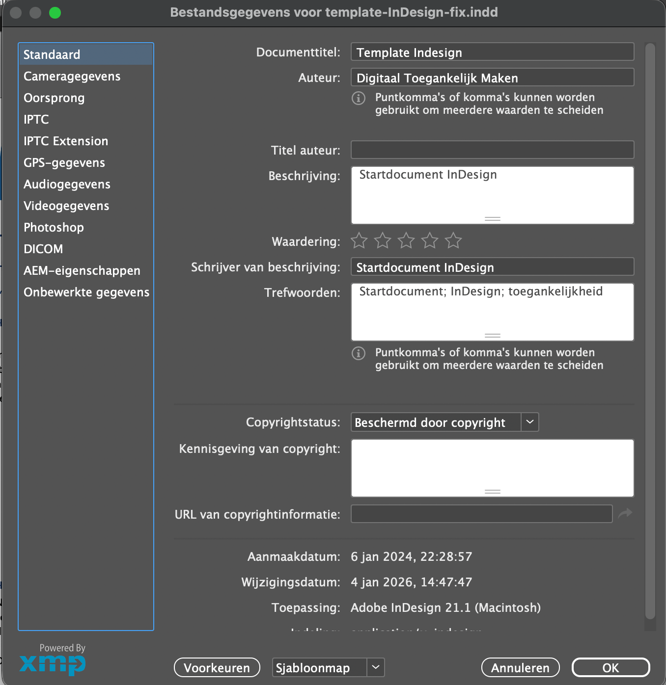 Schermafbeelding van het venster voor invoeren van Document-titel en Auteur (metadata) in InDesign. Trefwoorden zijn optioneel, maar zijn handig voor de vindbaarheid.