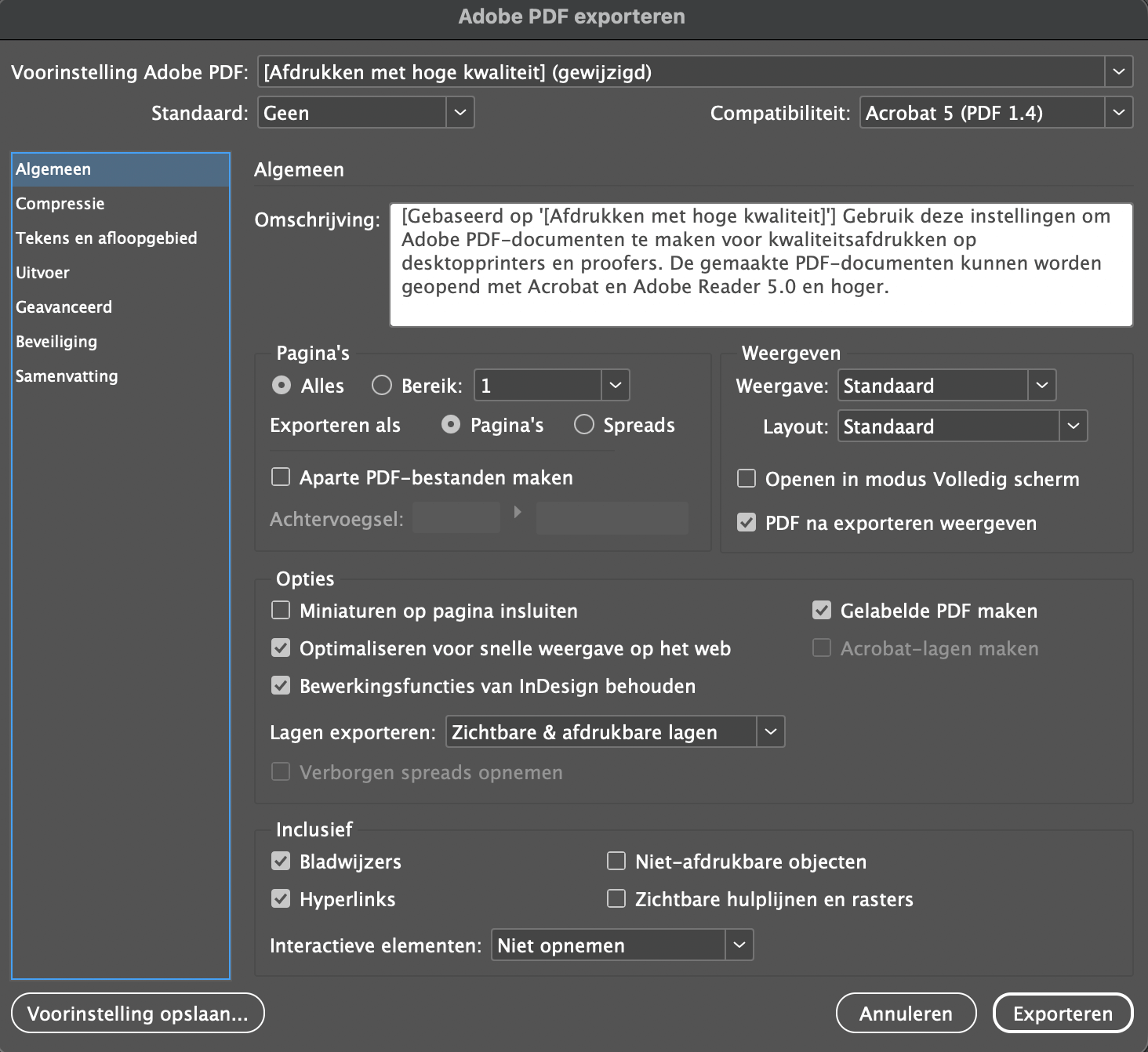 Schermafbeelding van de te volgen stappen om een gecodeerde (tagged) PDF te bewaren via InDesign