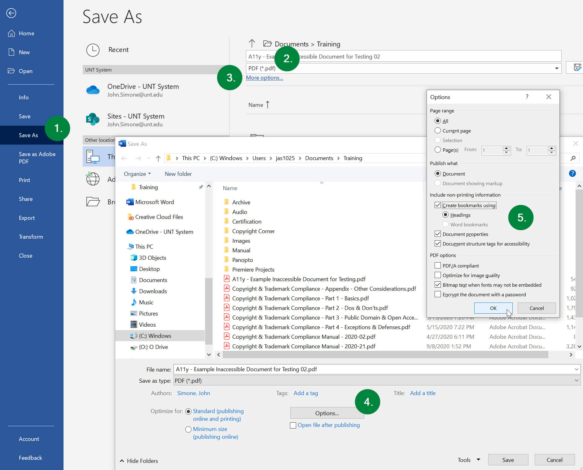 Schermafbeelding van de te volgen stappen om een gecodeerde (tagged) PDF te bewaren via Word