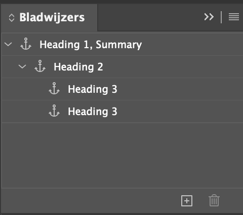 Schermafbeelding van het bladwijzer-venster van InDesign, dat geneste bladwijzers toont