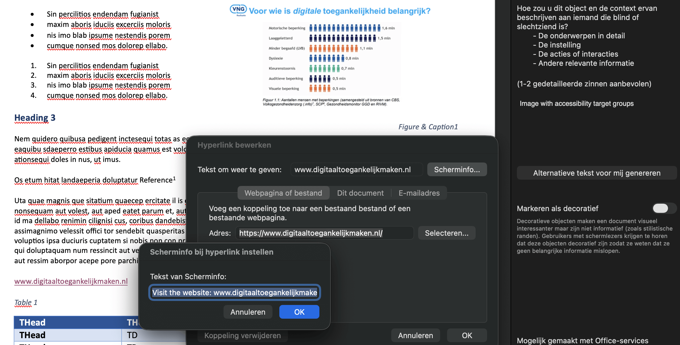 Schermafbeelding met de vensters voor het invoeren van een tekst-alternatief op een afbeelding en hyperlink in Word. Te openen door rechtermuisknop op een afbeelding of hyperlink