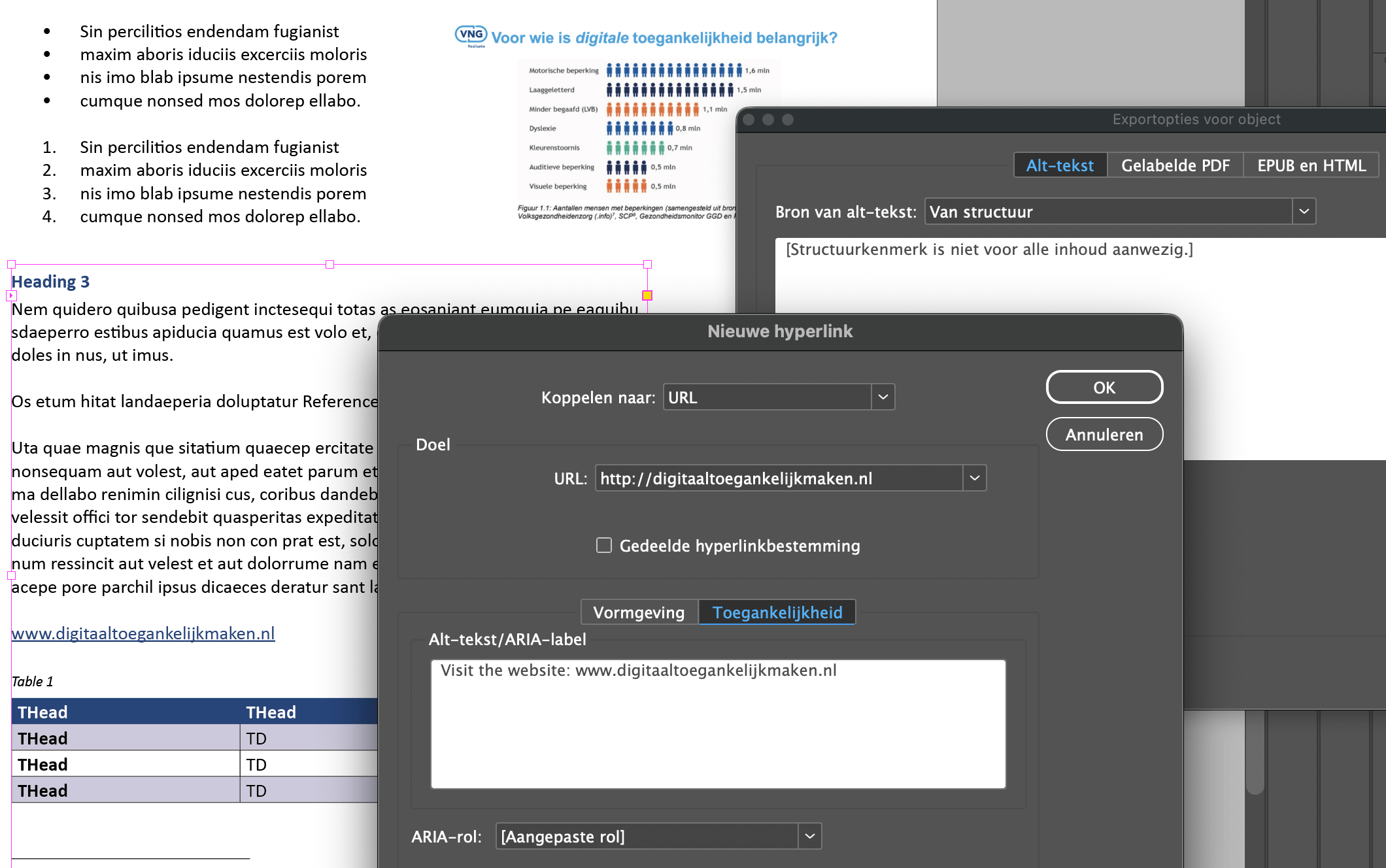 Schermafbeelding met de vensters voor het invoeren van een tekst-alternatief op een afbeelding en hyperlink in InDesign. Te openen door rechtermuisknop op een afbeelding of hyperlink