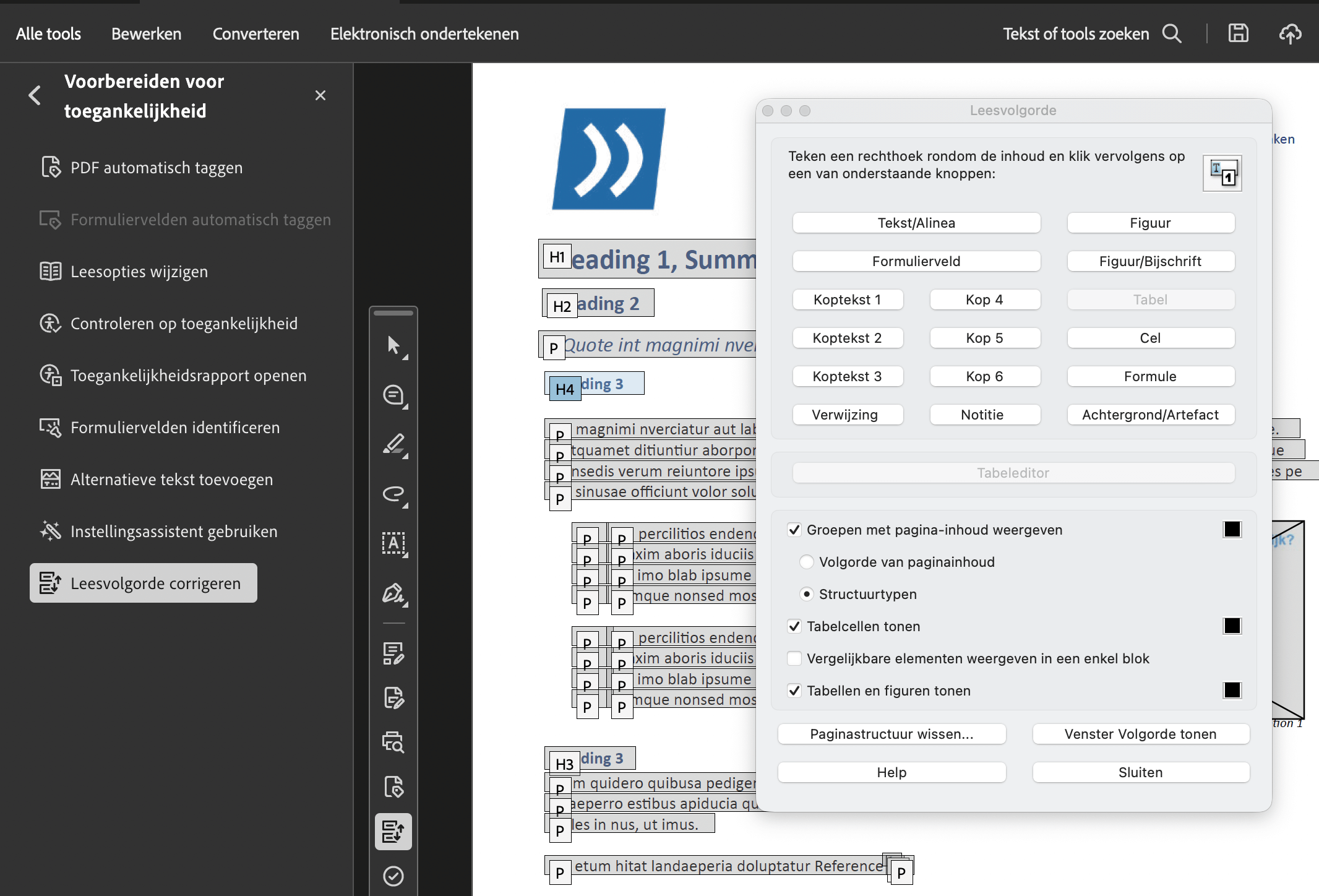 Schermafbeelding van het Leesvolgorde-venster in de Toegankelijkheidstool van Acrobat Pro, waarin je objecten via selectie een codering kunt meegeven of kunt wijzigen. Je kunt hier niet de leesvolgorde wijzigen. Probeer de verschillende weergaves uit, door aankruisen van de opties onderin dit venster.