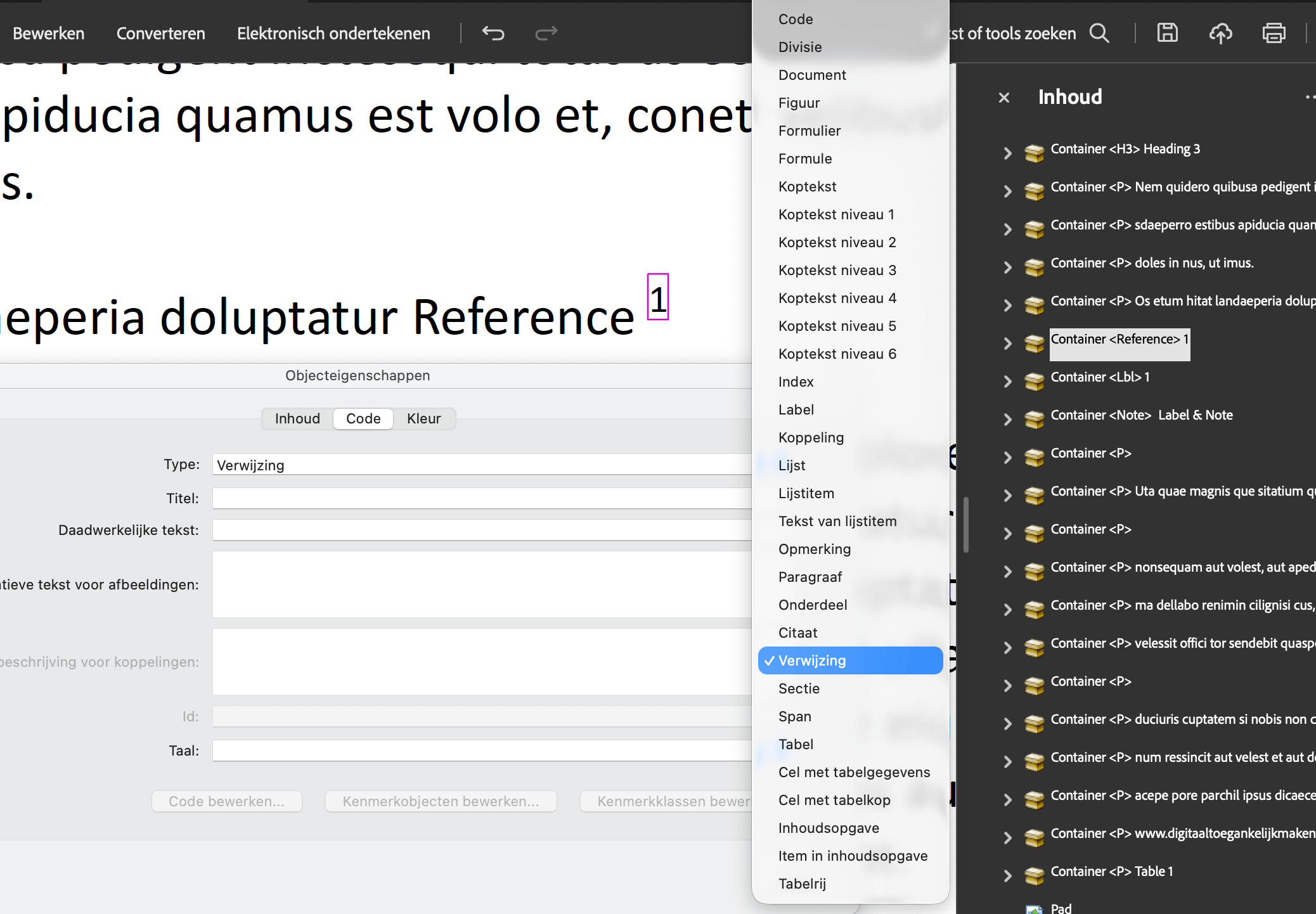 Schermafbeelding van het deelvenster Inhoud in de Toegankelijkheidstool van Acrobat Pro, waarin je via Objecteigenschappen containers een andere eigenschap kunt geven, zoals een Container P die naar een Container Reference wordt omgezet