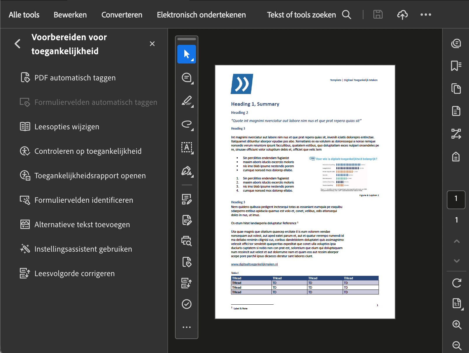 Schermafbeelding van Toegankelijkheidsgereedschap met alle deelvensters in Acrobat Pro