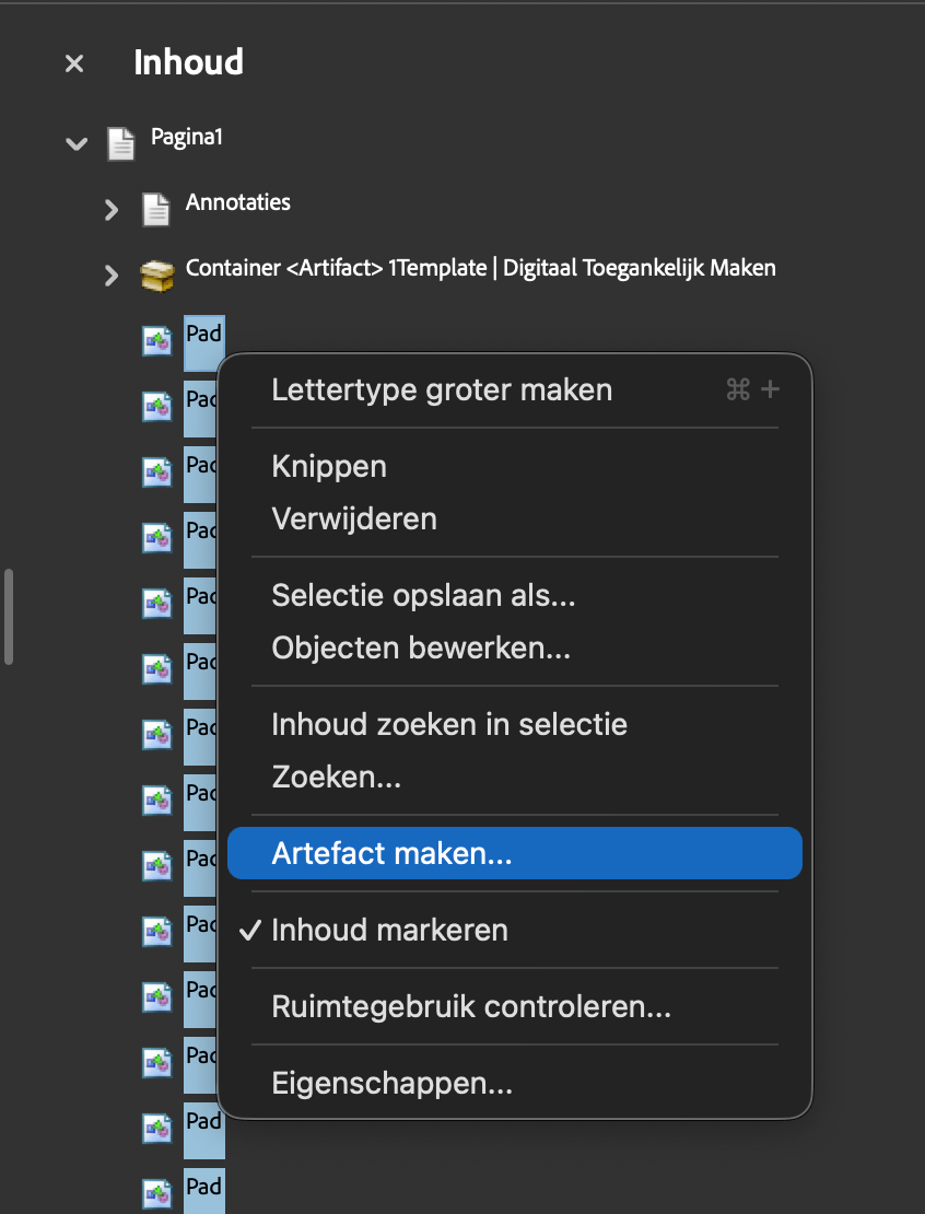 Schermafbeelding van het deelvenster Inhoud in de Toegankelijkheidstool van Acrobat Pro, met de contiainers waarin all objecten en teksten zijn geordend. Objecten die niet in een container zitten, worden als Artifact geduid