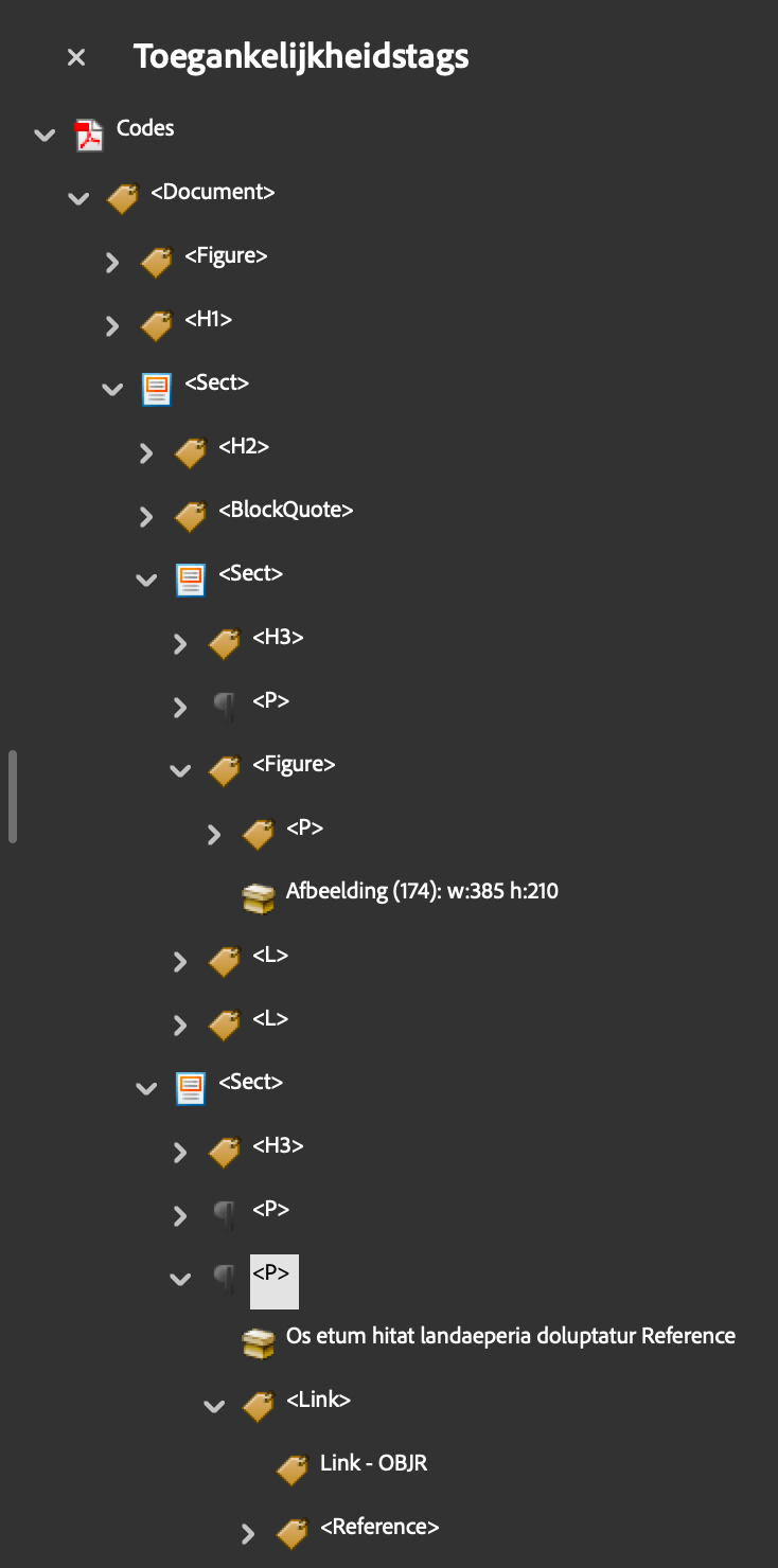 Schermafbeelding van het deelvenster Code, zoals de code van het oefendocument uit InDesign er logisch en overzichtelijk uitziet. Schermlezers gebruiken deze code om door de document-inhoud te navigeren