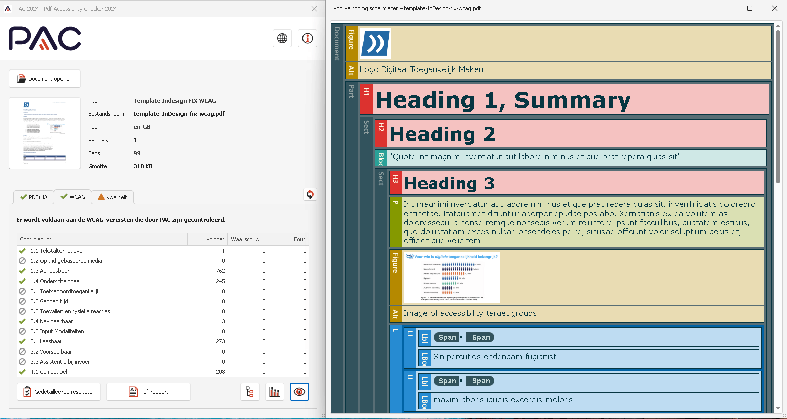 Schermafbeelding van een valide PAC-WCAG rapport van het oefendocument uit Word. PAC maakt ook de code-structuur op een visuele manier inzichtelijk