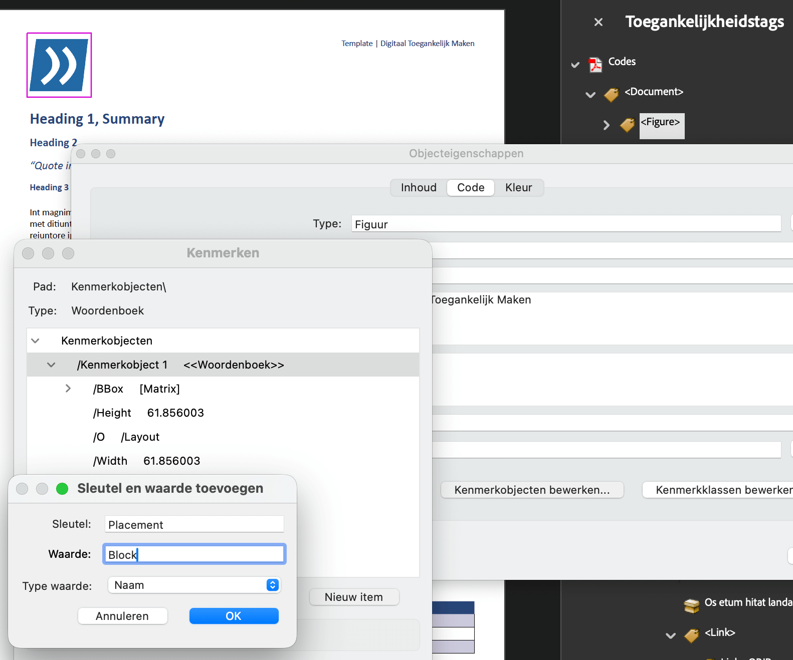 Schermafbeelding van de Objecteigenschappen (Code) met deelvenster Kenmerkobjecten Bewerken, van waaruit objecten inline of block gepositioneerd kunnen worden, indien ze dat nog niet zijn. WCAG vereist daar duidelijkheid over of een object met de tekst mee moet lopen (Inline) of een vaste positie (Block) inneemt op de pagina. 