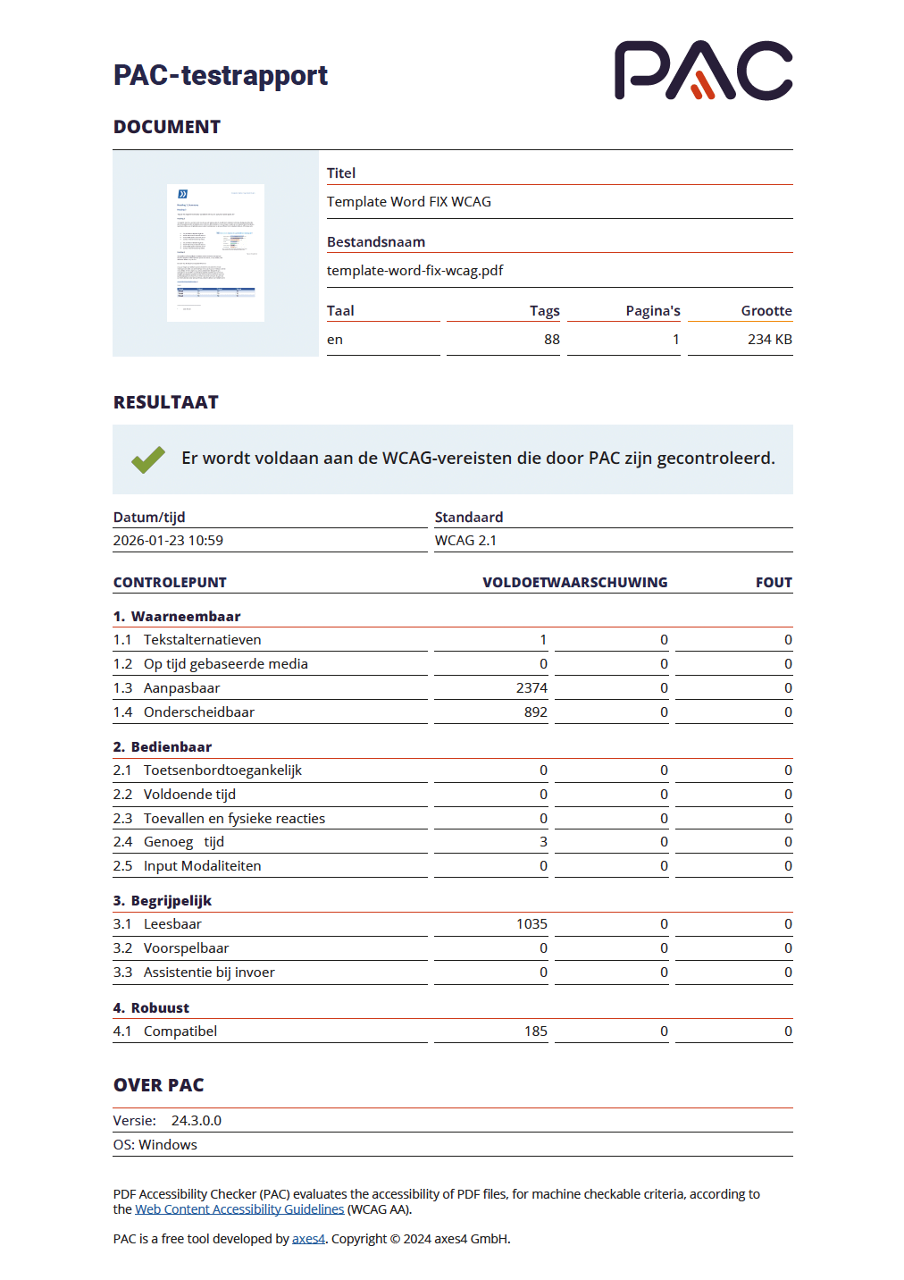 Valide PAC-WCAG-rapport van het Word-oefendocument, na alle toegankelijkheidscorrecties