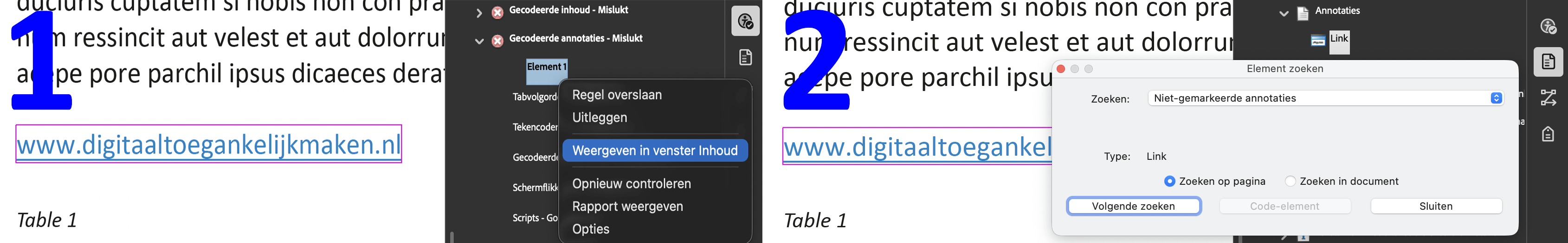 Schermafbeelding van de foutmelding Gecodeerde Annotatie mislukt in de toegankelijkheidscontrole van Acrobat Pro. Waarna je vervolgens kiest voor weergeven in venster Inhoud, daarin de annotatie zoekt en de juiste codering (Link) meegeeft.