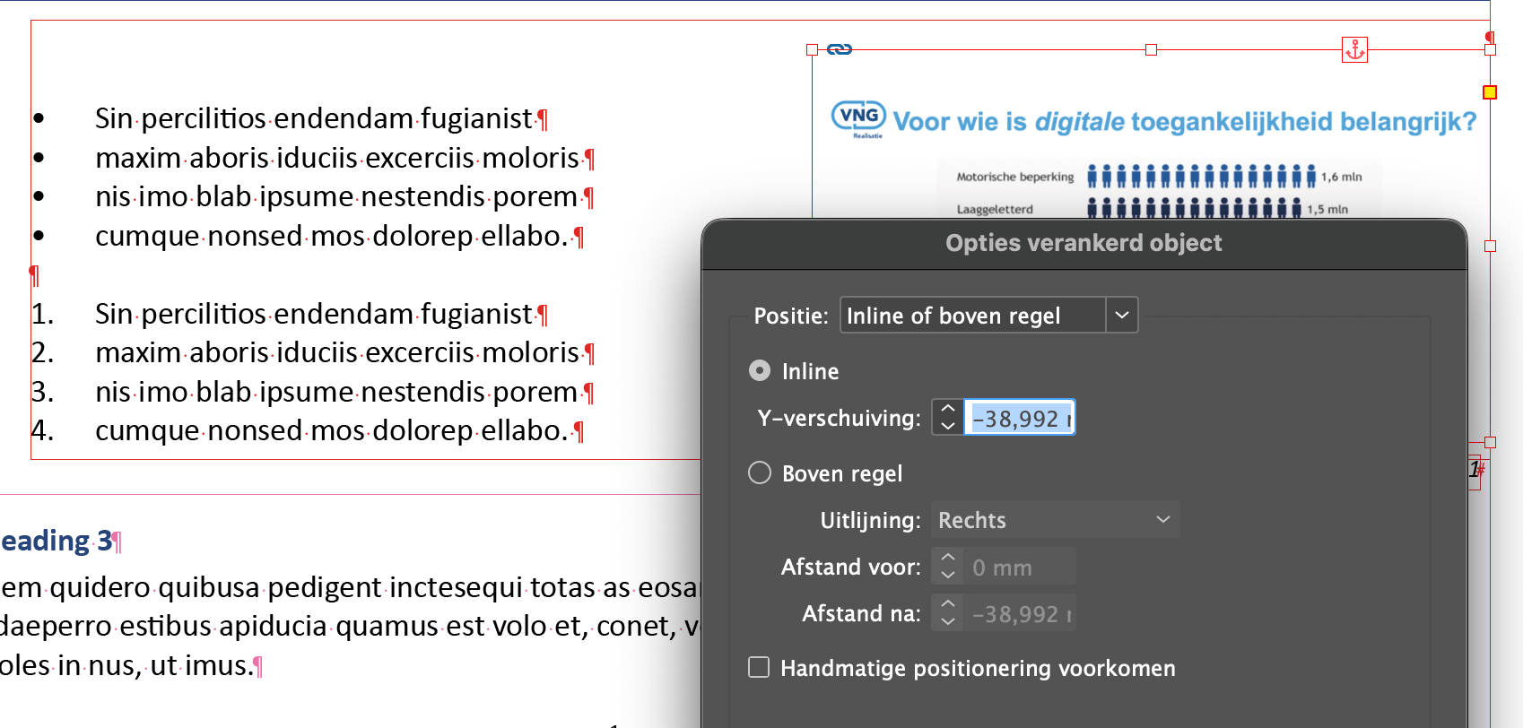 Schermafbeelding van een geselecteerde afbeelding in InDesign, met het venster Opties voor Verankerd object, waarmee deze als tekstanker, Inline, bij een tekst geplaatst wordt. Daardoor staat de afbeelding, later in de PDF, op de juiste leesvolgorde.