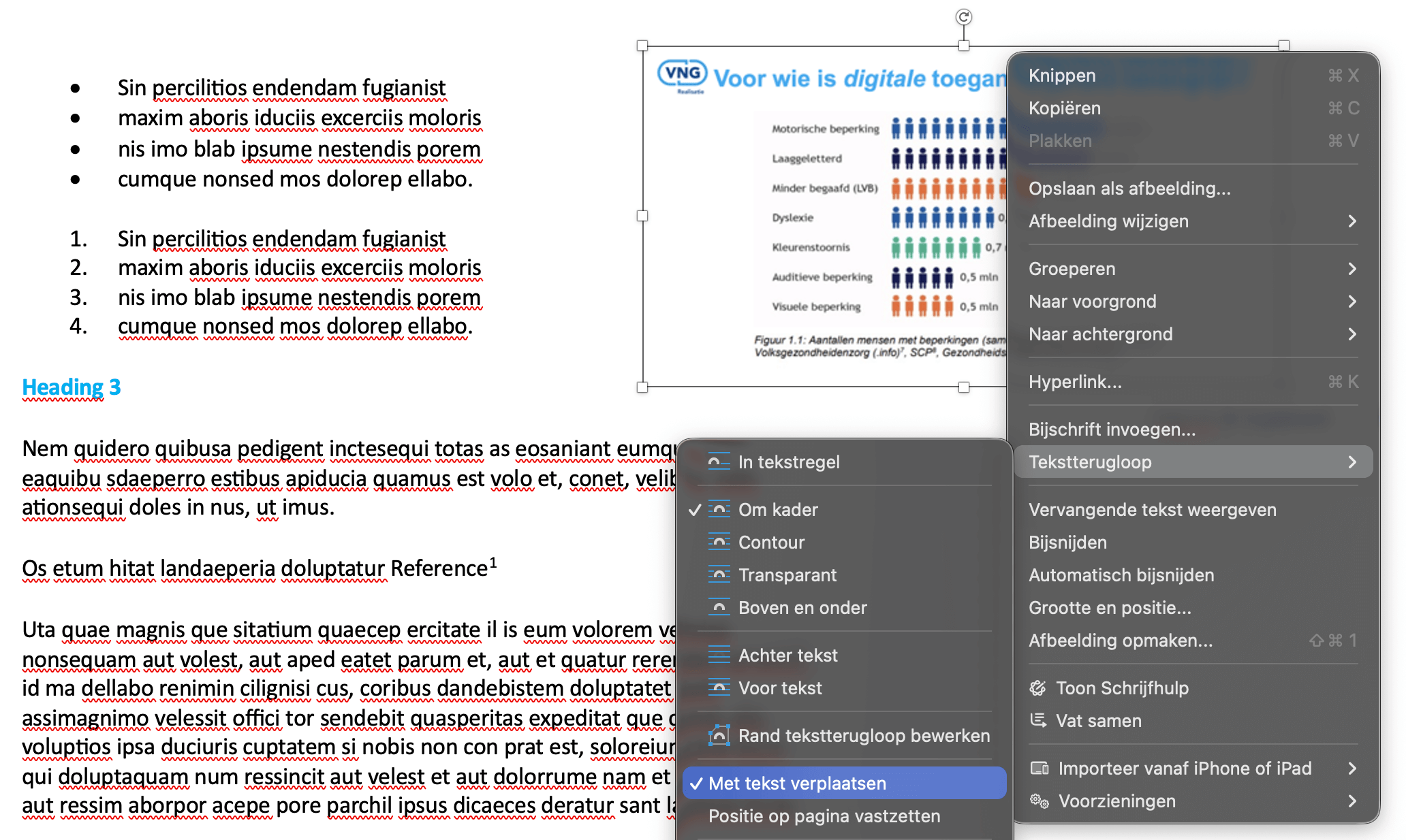 Schermafbeelding van een geselecteerde afbeelding in Word, met het menu waarmee deze afbeelding via Tekstterugloop, Inline, bij een tekst geplaatst wordt. Daardoor staat de afbeelding, later in de PDF, op de juiste leesvolgorde.